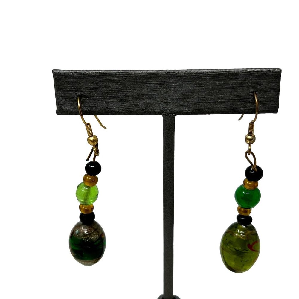 Green Glass Beaded Earrings Pierced Wire Gold Tone Dangle Drop
